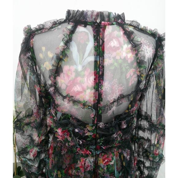Beulah Womens Large Sheer Black Floral Ruffle Tull Mesh Romantic Mini Dress - Picture 8 of 14